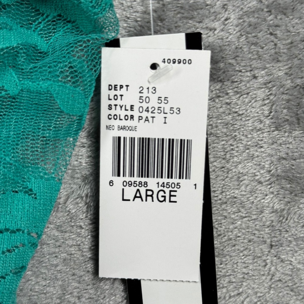 AB Studio Blouse L Green Lace Blouson Top Sheer Lined Overlay Banded Waist‎ Chic - Picture 9 of 12